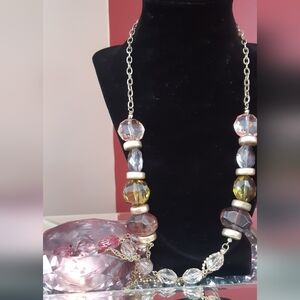 Chic Necklace With Hues Of Pink/green/purple With Gold Chain And Chunky Bracelet